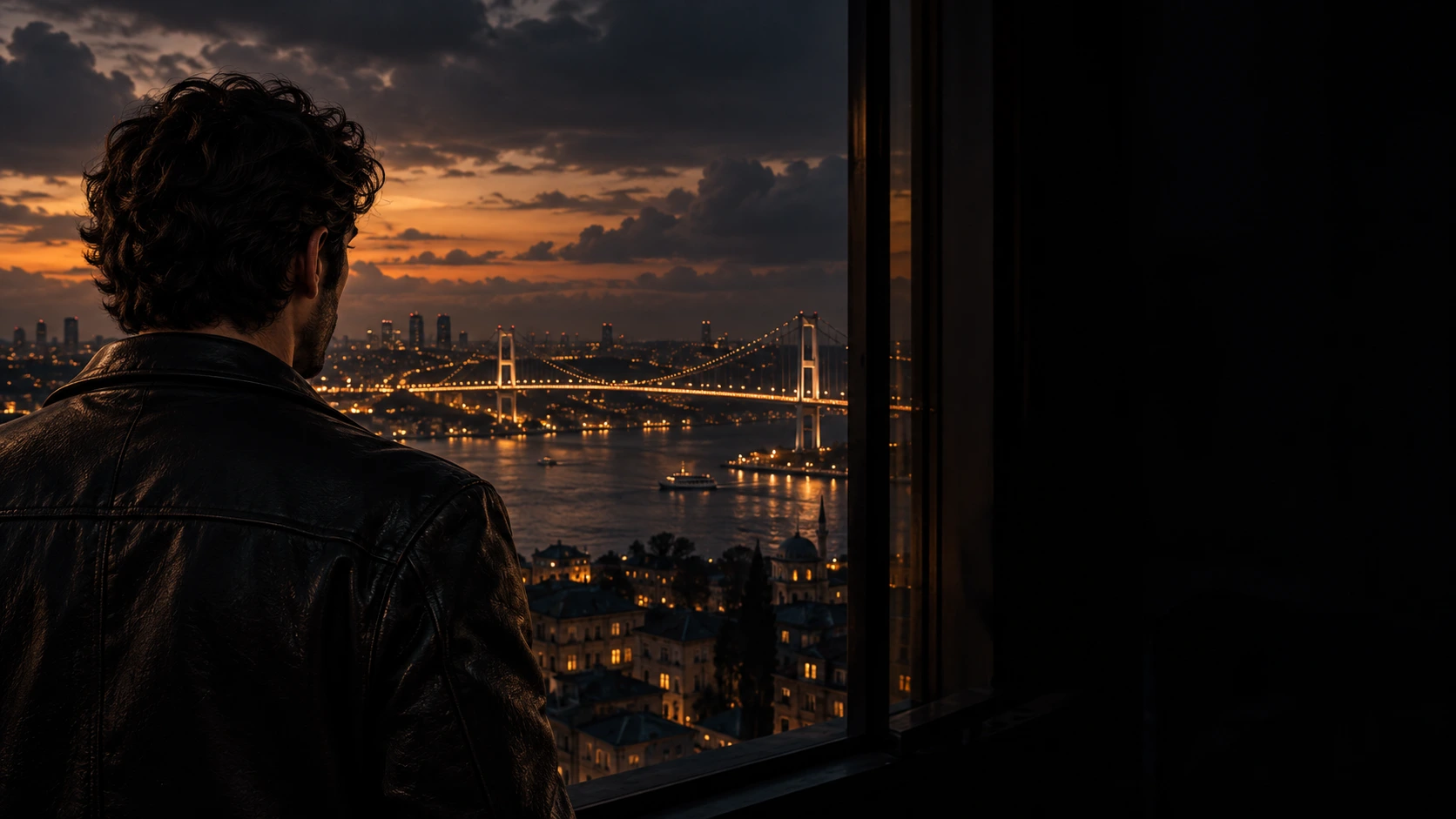 Bora looking over the Bosphorus and the bridge at sunset